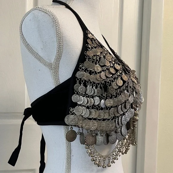 Black Halter Top with Silver Coin Embellishments Tribal Bellydance Large - Picture 8 of 13